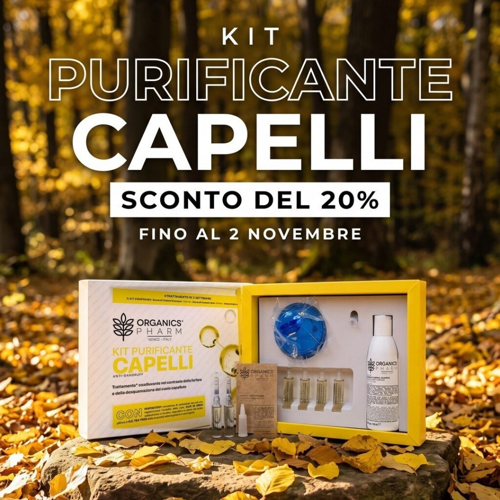 Kit Purificante Capelli Organics Pharm tra le foglie gialle, sconto del 20% fino al 2 novembre