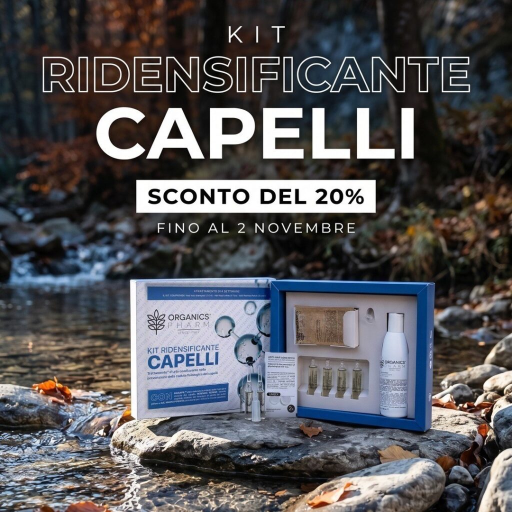 Kit Ridensificante Capelli Organics Pharm accanto a un ruscello, sconto del 20% fino al 2 novembre