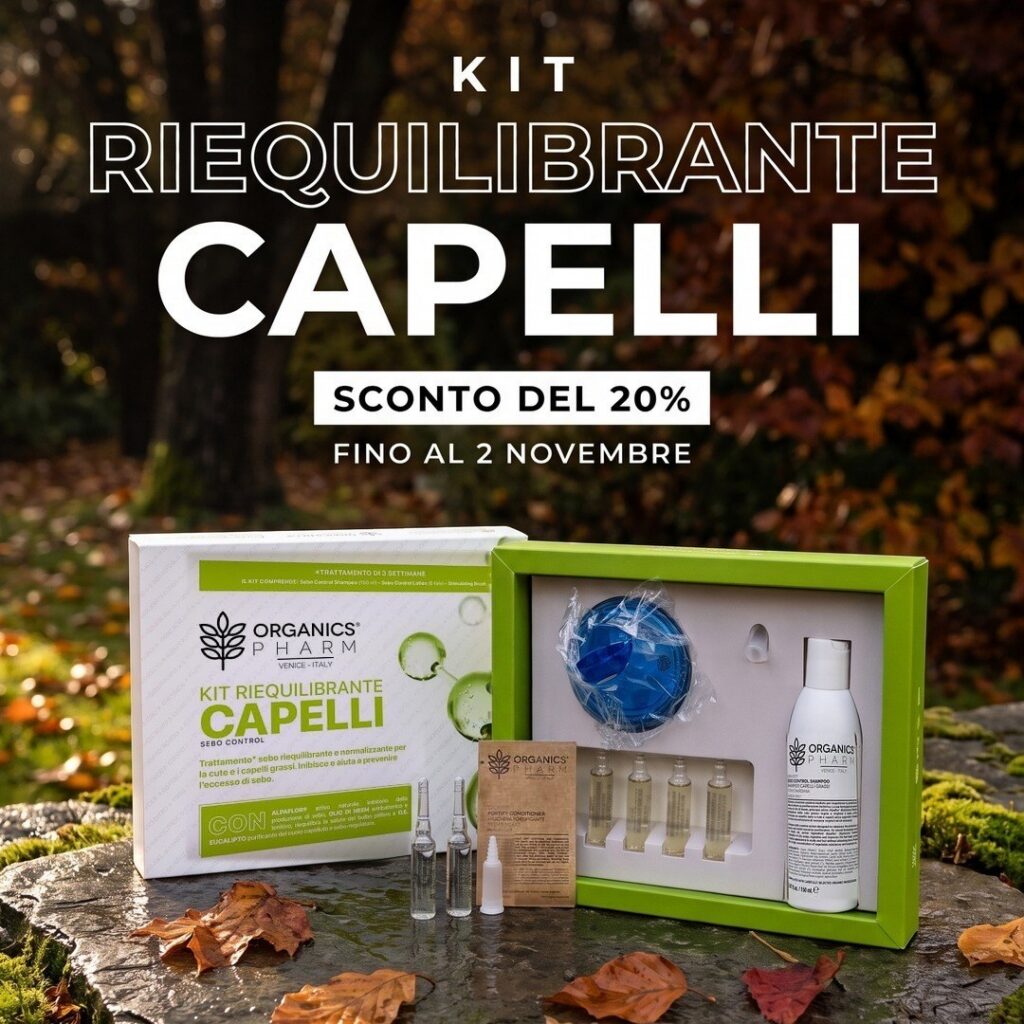 Kit Riequilibrante Capelli Organics Pharm su una pietra con muschio, sconto del 20% fino al 2 novembre